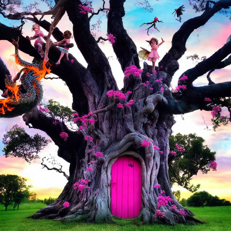 Fantastical image: Large tree, pink door, fairies, dragon, flowers