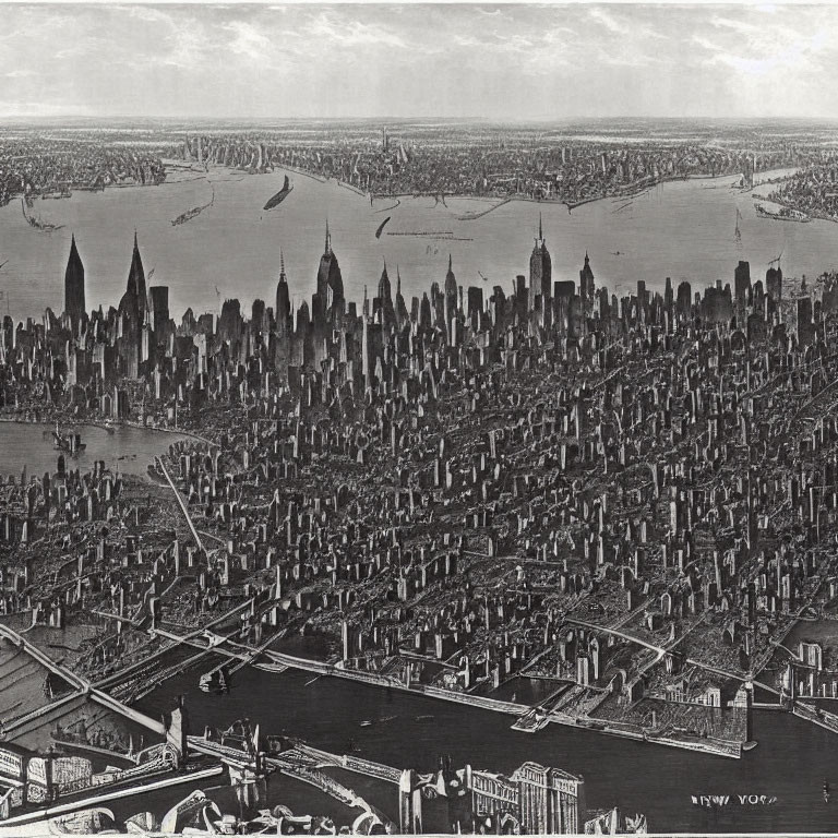 Historical bird's-eye view of densely packed New York City skyline.