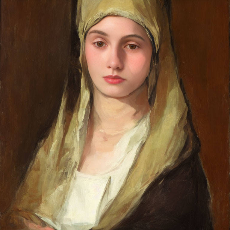 Young woman in yellow headscarf and white garment against brown background