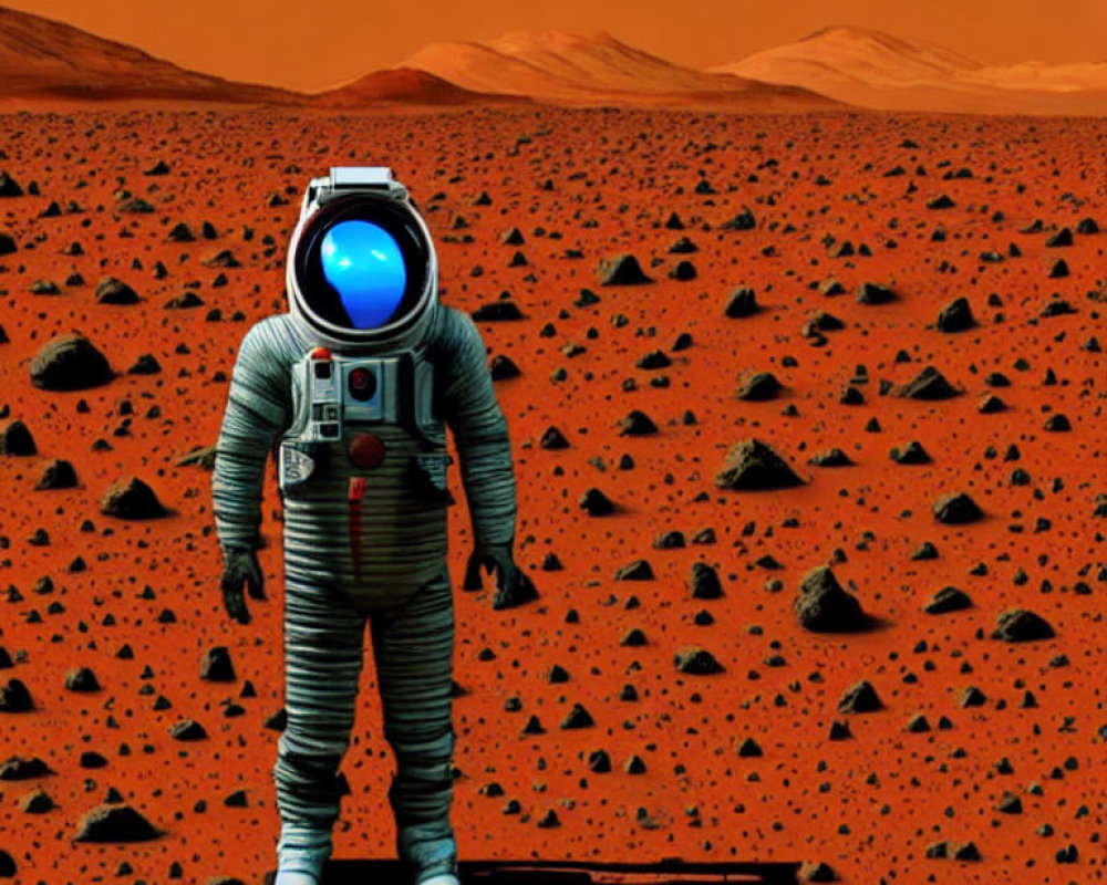 Vintage space suit astronaut on rocky Martian landscape under orange sky