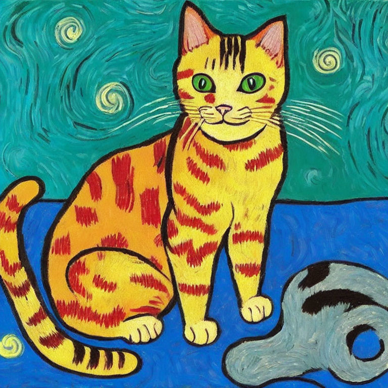 Colorful Striped Cat Illustration on Whimsical Background