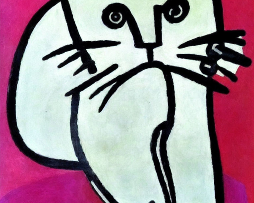 Stylized white cat drawing with black outlines on pink background