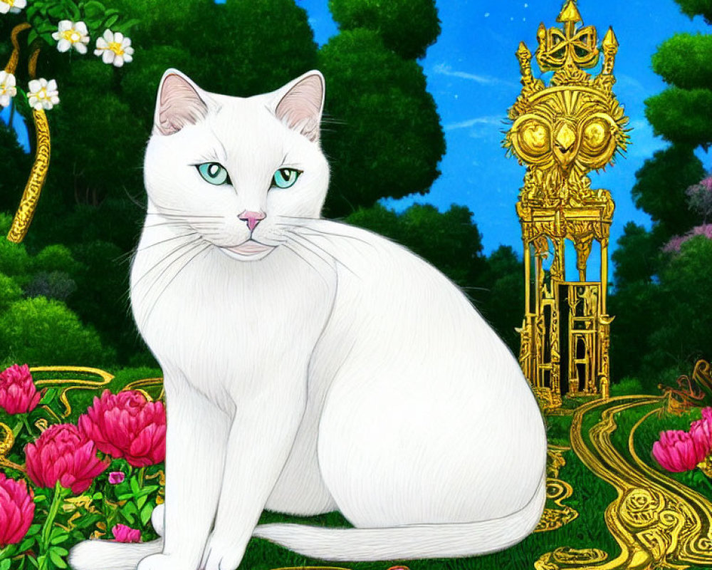 White Cat with Heterochromia in Vibrant Garden