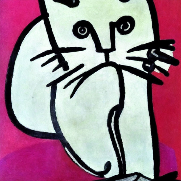 Stylized white cat drawing with black outlines on pink background