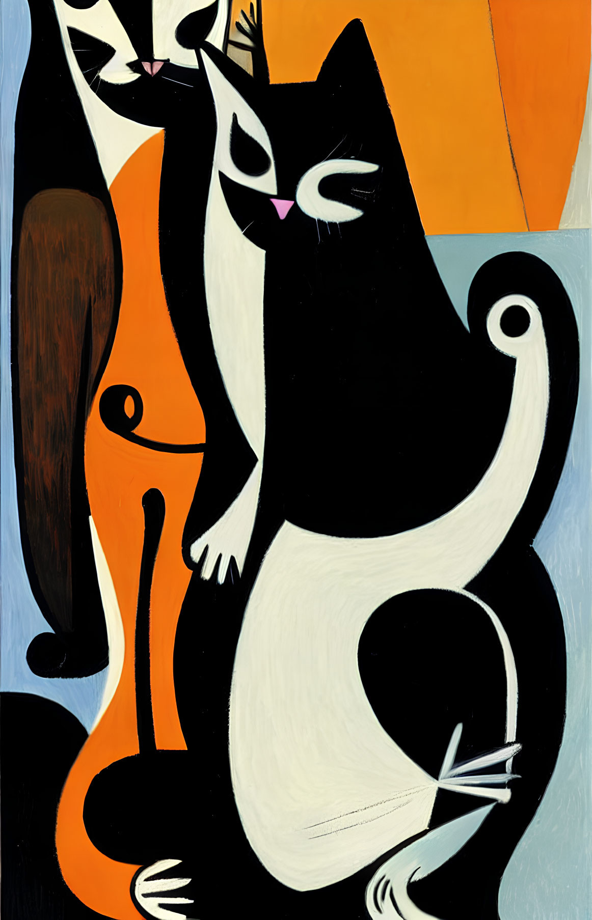 Abstract painting of two cats with vibrant colors and bold outlines