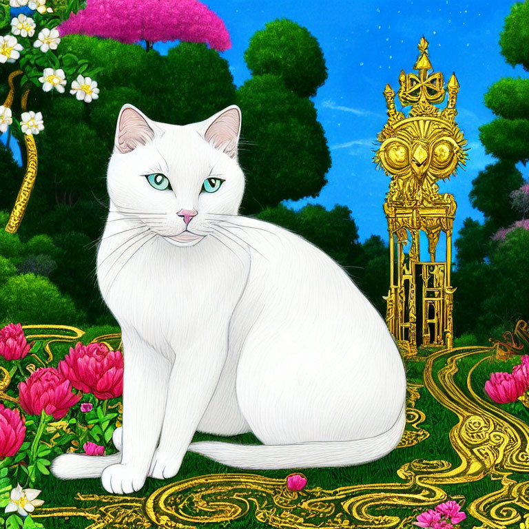 White Cat with Heterochromia in Vibrant Garden