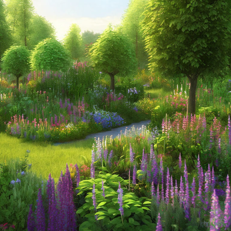 Vibrant lupines and flowers in lush garden setting