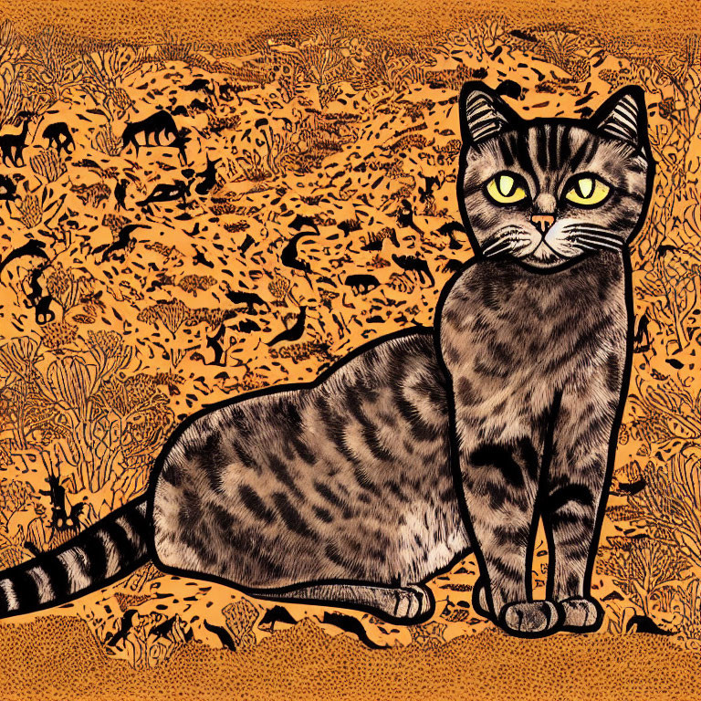 Stylized black-striped tabby cat illustration on orange backdrop with animal and plant silhouettes