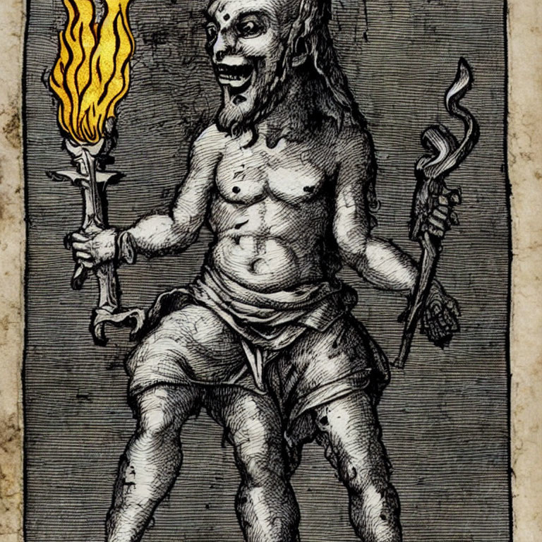 Mythological creature with trident and torch, wild expression