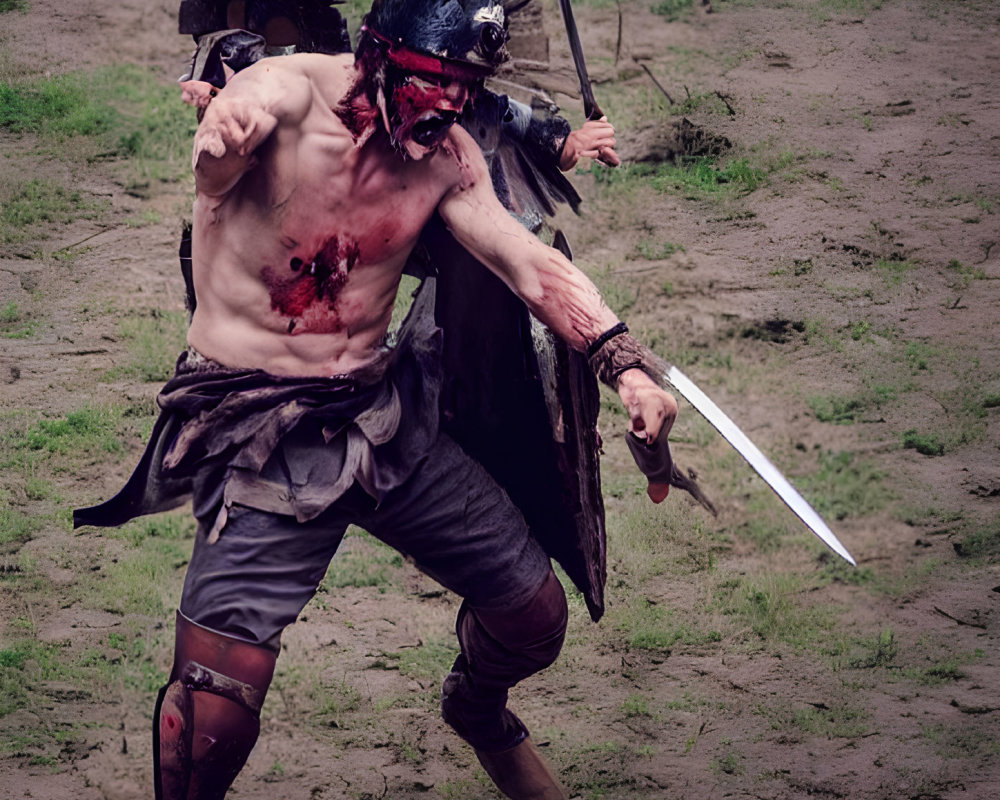 Muscular warrior with sword and shield in dark plumed helmet.