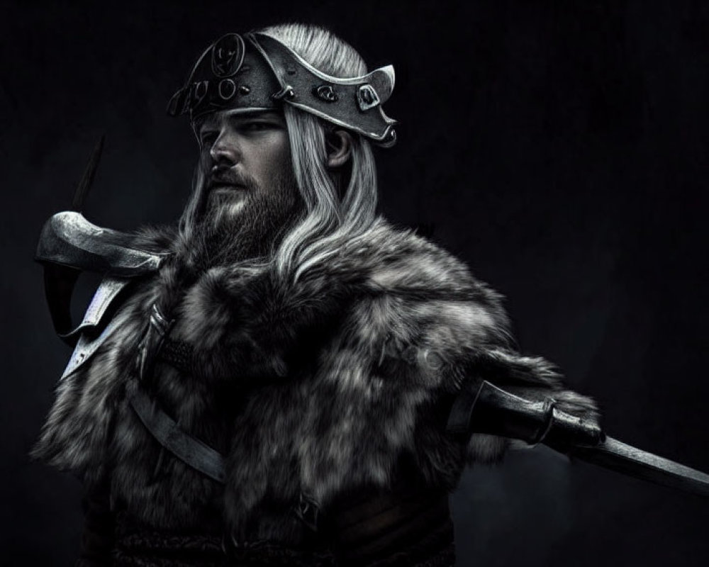Bearded warrior in Viking armor with sword on dark background