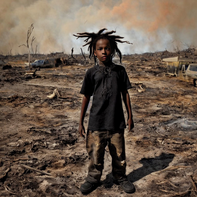 Child in burnt landscape with smoke and fire, wearing black shirt, staring at camera