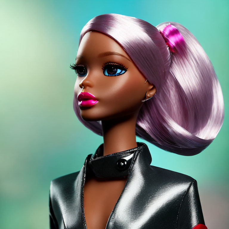 Detailed Close-Up of Doll with Purple Hair, Blue Eyes, and Leather Jacket