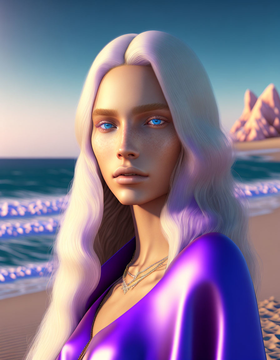 Digital Portrait of Woman with Long White Hair and Purple Dress by Beach at Sunset