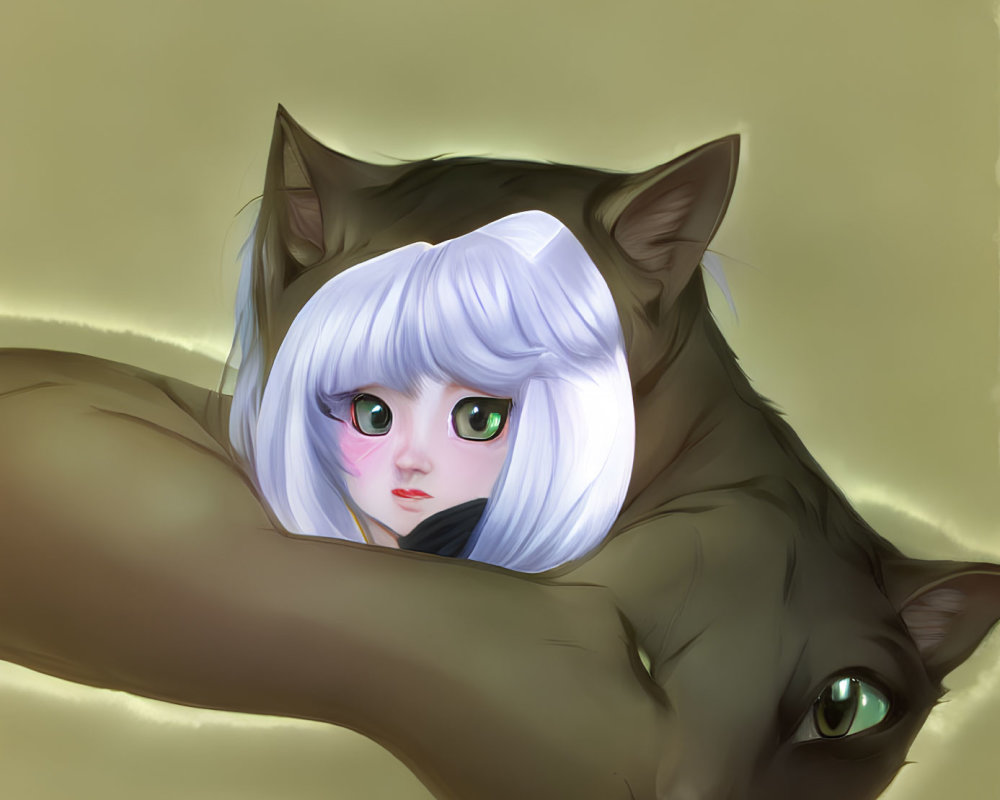 White-Haired Anime Girl with Green Eyes Cuddling Brown Cat on Yellow Background