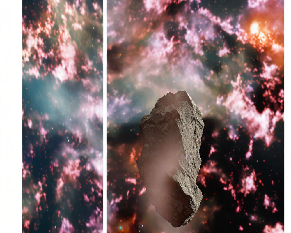 Vibrant Nebulae Surround Detailed Asteroid in Cosmos