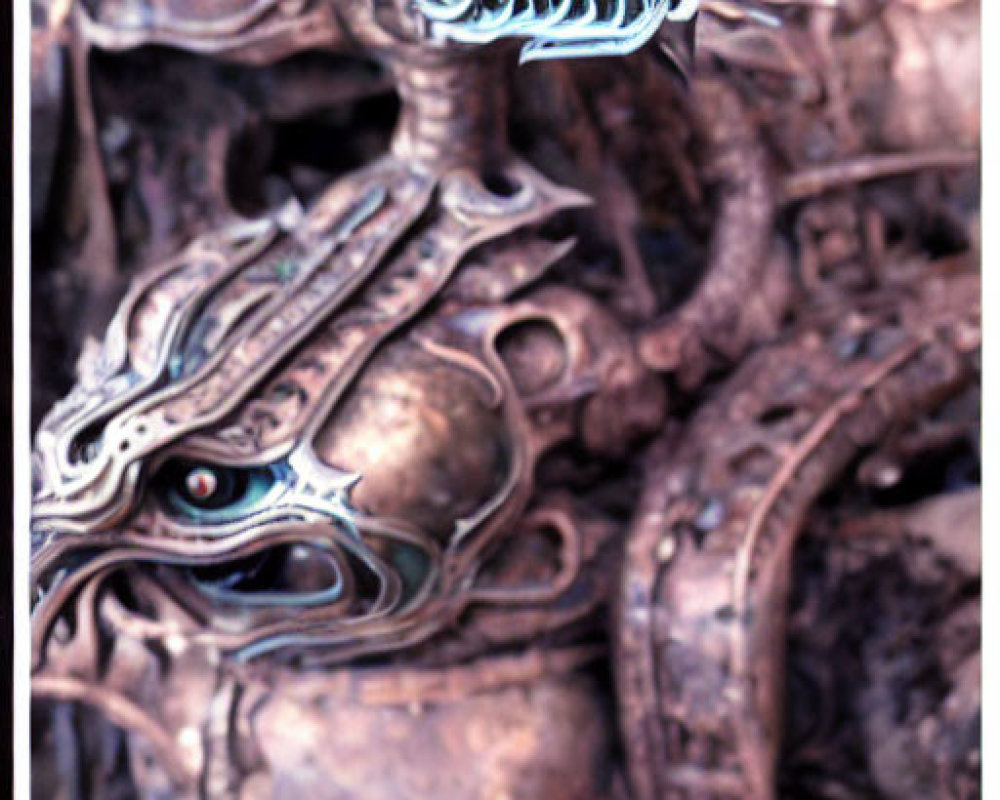 Detailed metallic dragon sculptures with intricate scales and fierce expressions in twisted metal background