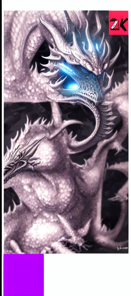 Detailed digital artwork: Intertwined dragons with blue eyes, silver & white scales