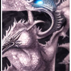 Detailed metallic dragon sculptures with intricate scales and fierce expressions in twisted metal background