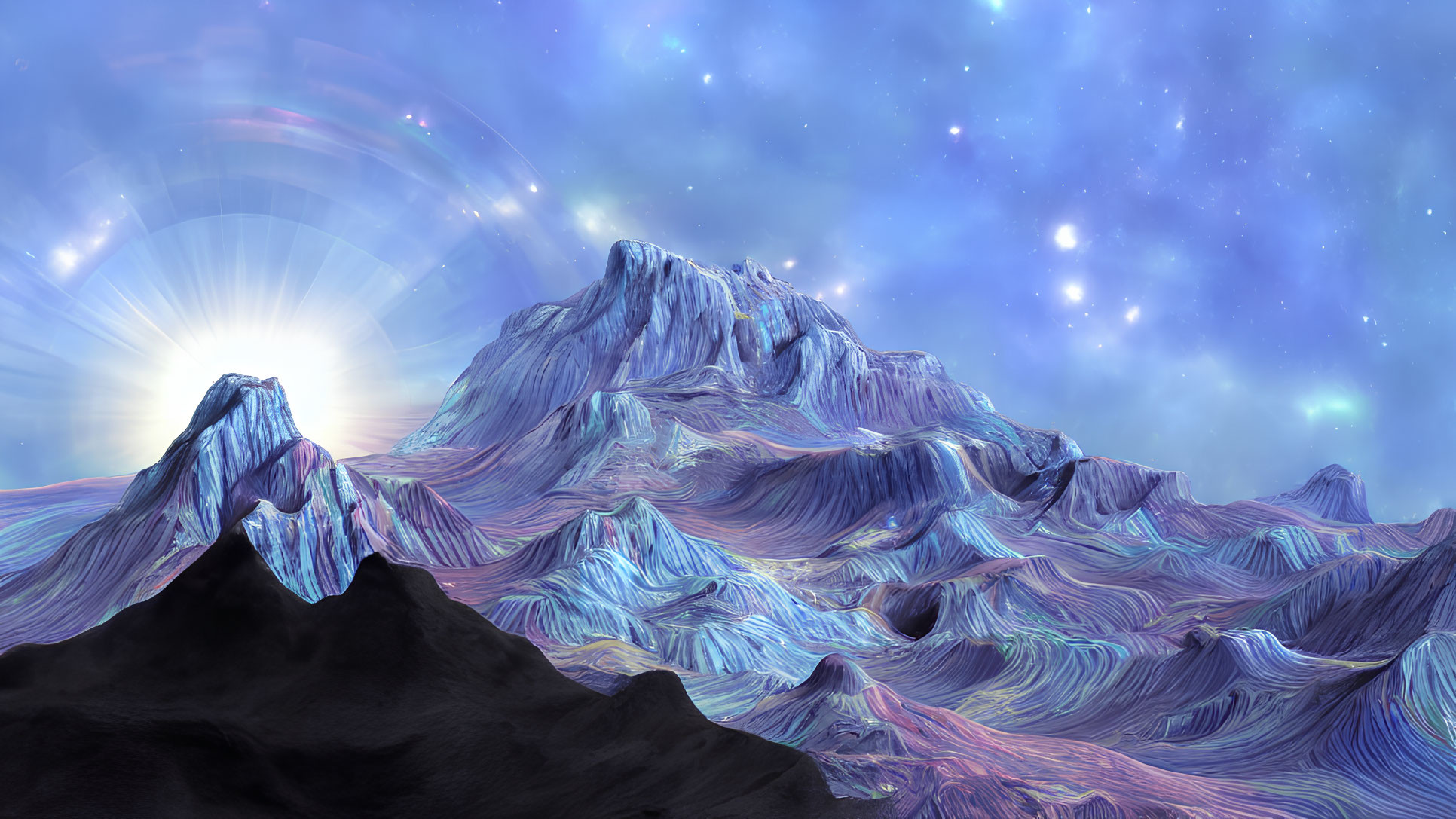 Colorful surreal mountain landscape with swirling patterns and radiant sunrise