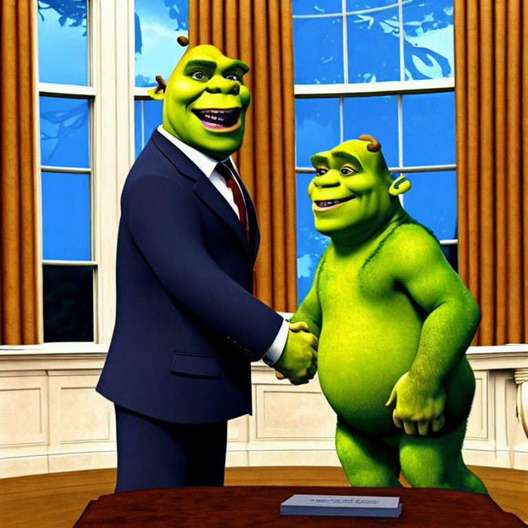 Animated ogre characters in office setting shaking hands - one in suit, one casual