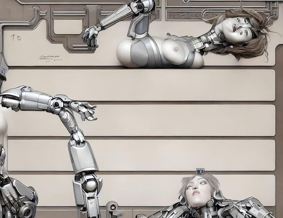 Humanoid robot and human woman touching hands in artwork reminiscent of "The Creation of Adam