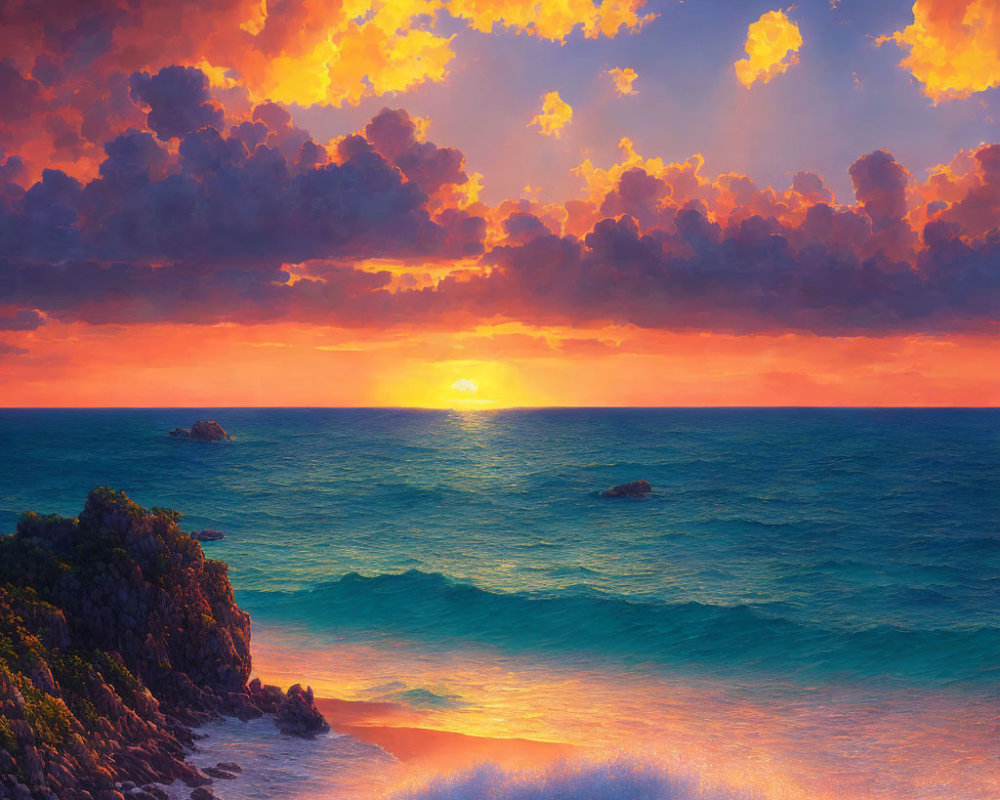 Vibrant sunset over ocean with golden clouds and crashing waves