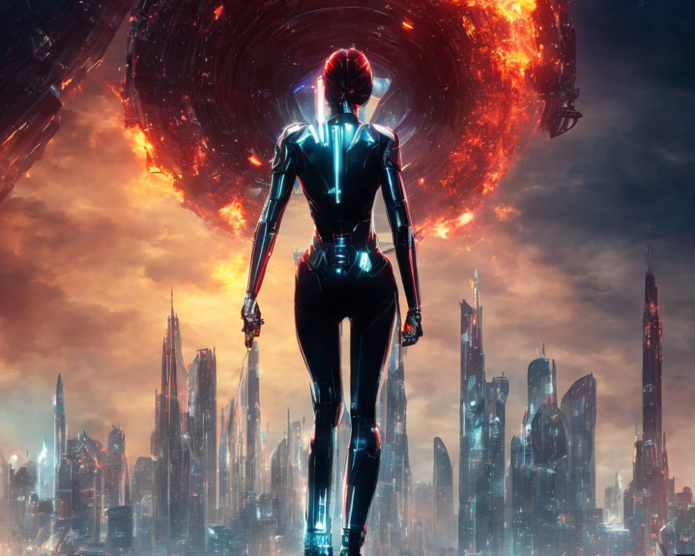 Futuristic figure in sleek suit overlooking cityscape with skyscrapers and swirling structure