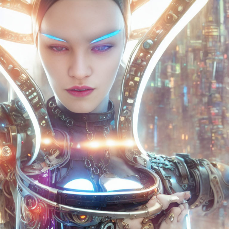 Futuristic female cyborg with blue eyes surrounded by advanced technology and glowing orbs