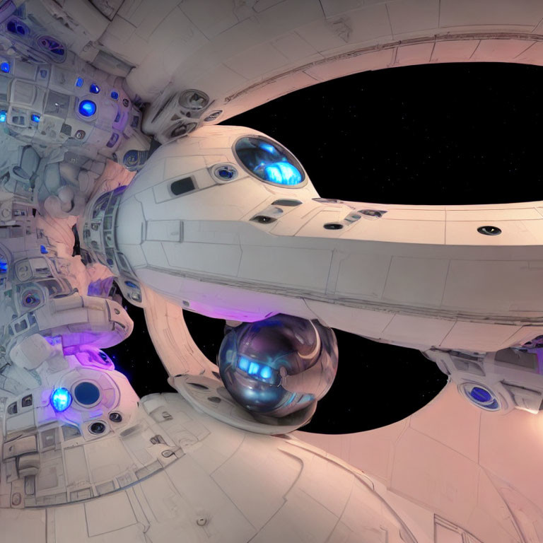 Futuristic spaceship with spherical structures and blue lighting in fish-eye lens view