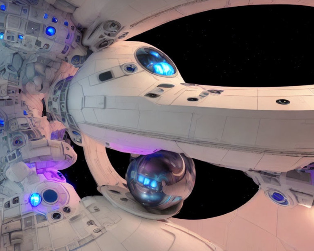 Futuristic spaceship with spherical structures and blue lighting in fish-eye lens view
