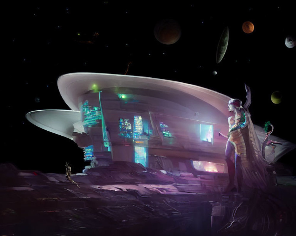Futuristic spaceport with saucer-shaped structure and figures gazing at stars