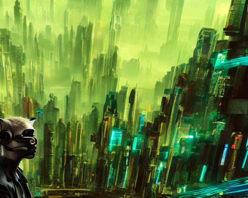 Masked figure gazes at futuristic city with skyscrapers and neon lights under green sky