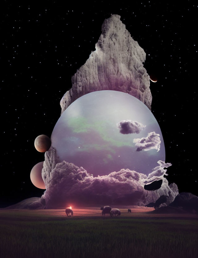 Surreal landscape with luminous sphere, mountain, sheep, and starry sky