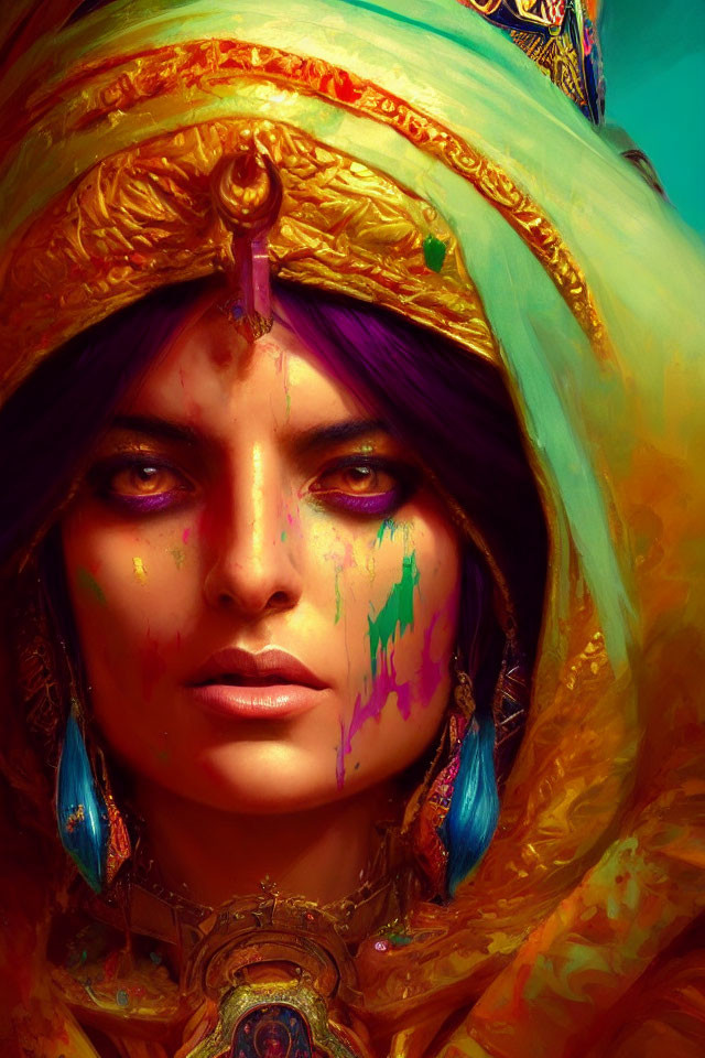 Colorful portrait of a person with purple hair and intense eyes in golden headdress and blue earrings,