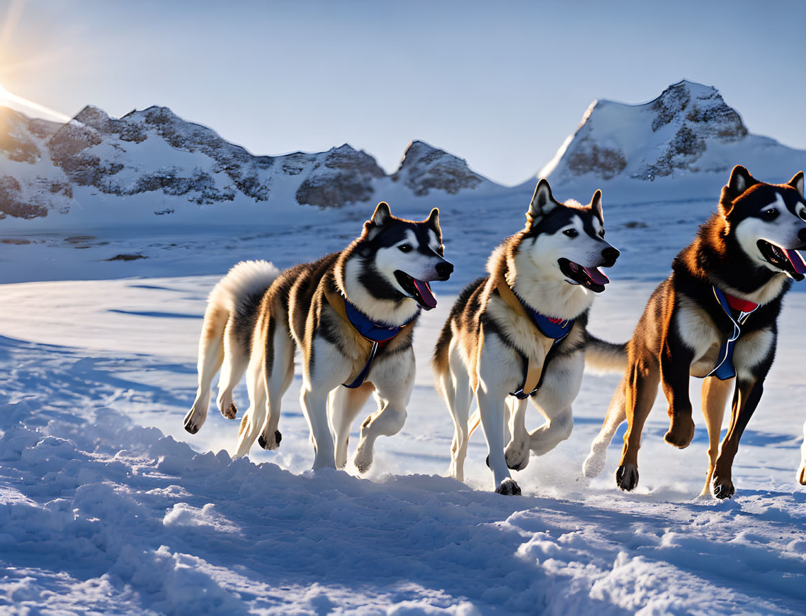 Three Siberian Huskies Running in Snow with Mountain Backdrop