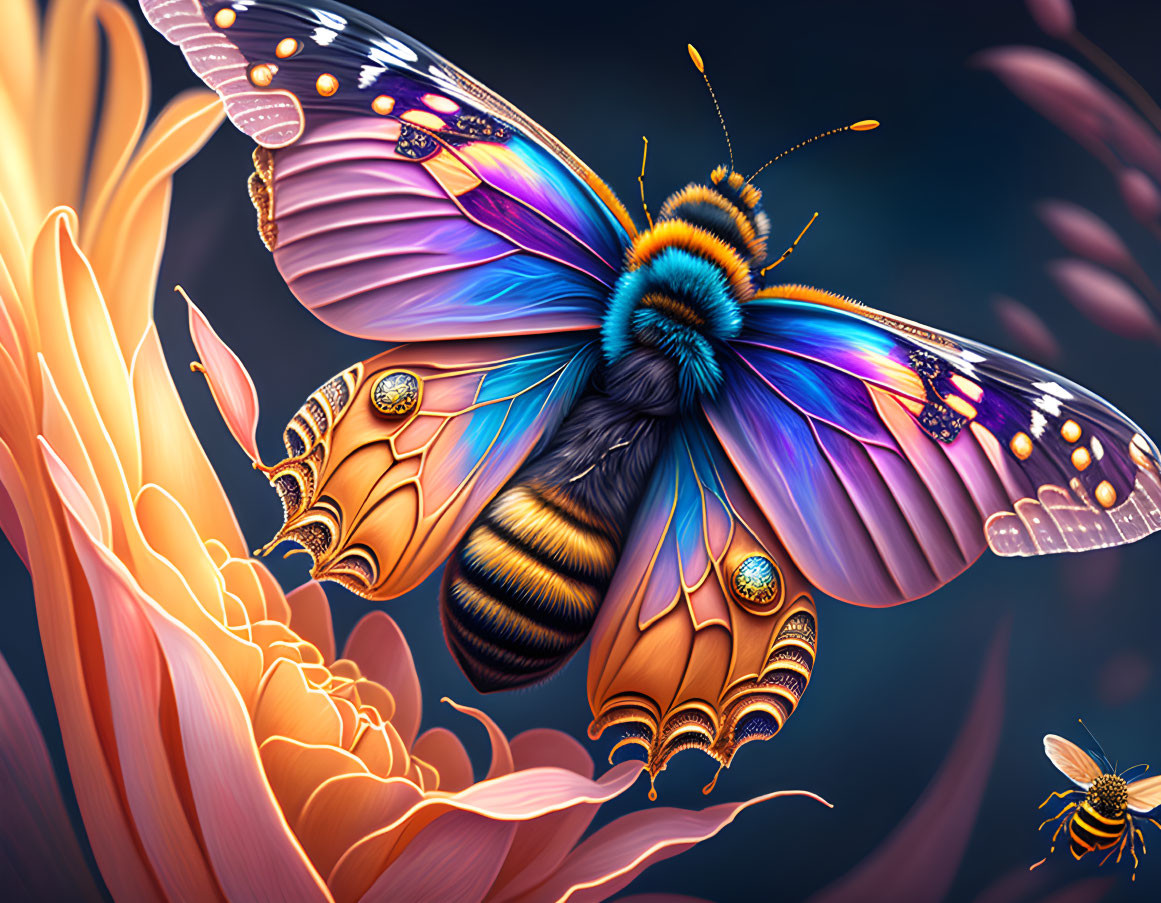 Colorful Butterfly Illustration Perched on Flower with Flying Insect