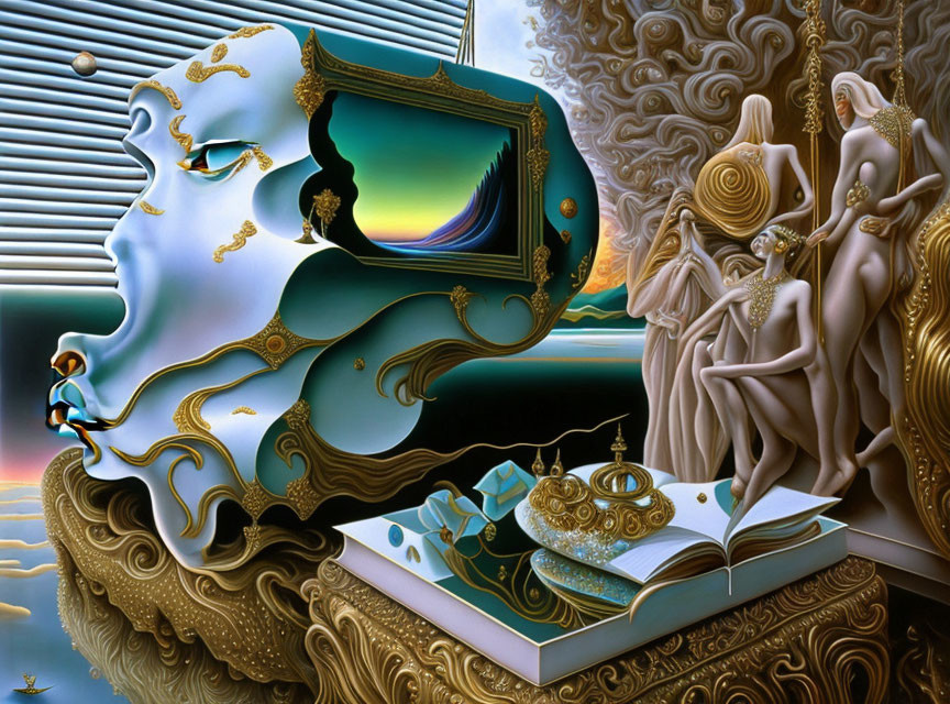 Surreal artwork featuring melting clock, face formation, open book, abstract figures