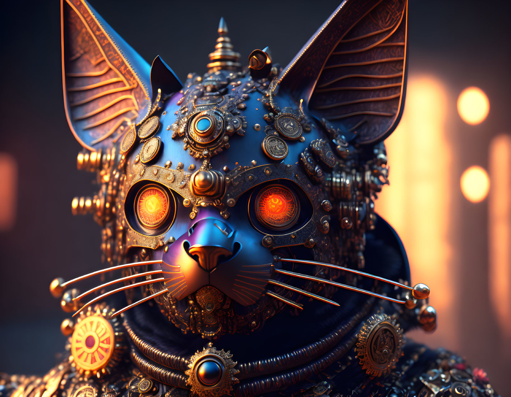 Detailed mechanical cat with glowing orange eyes on blurred backdrop