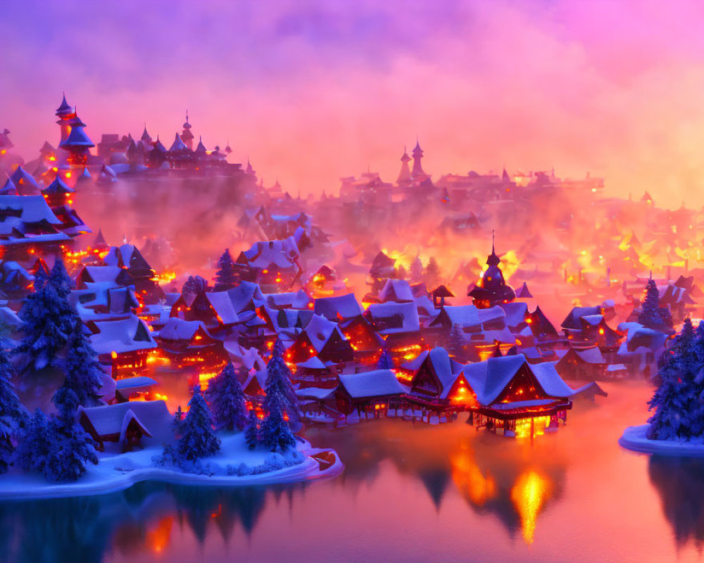 Snow-covered rooftops in twilight winter village