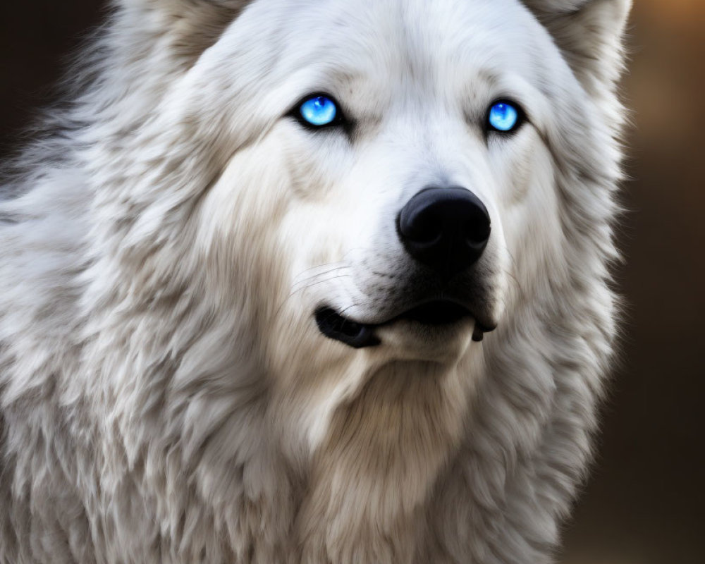 White Wolf with Striking Blue Eyes and Plush Coat Close-Up