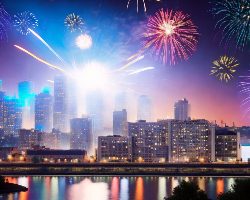 Colorful fireworks display over city skyline and water at night