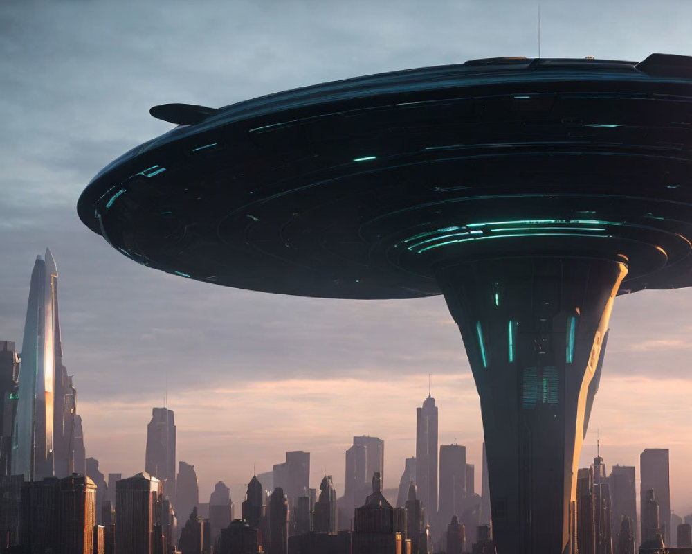 Futuristic cityscape with hovering saucer-shaped structure