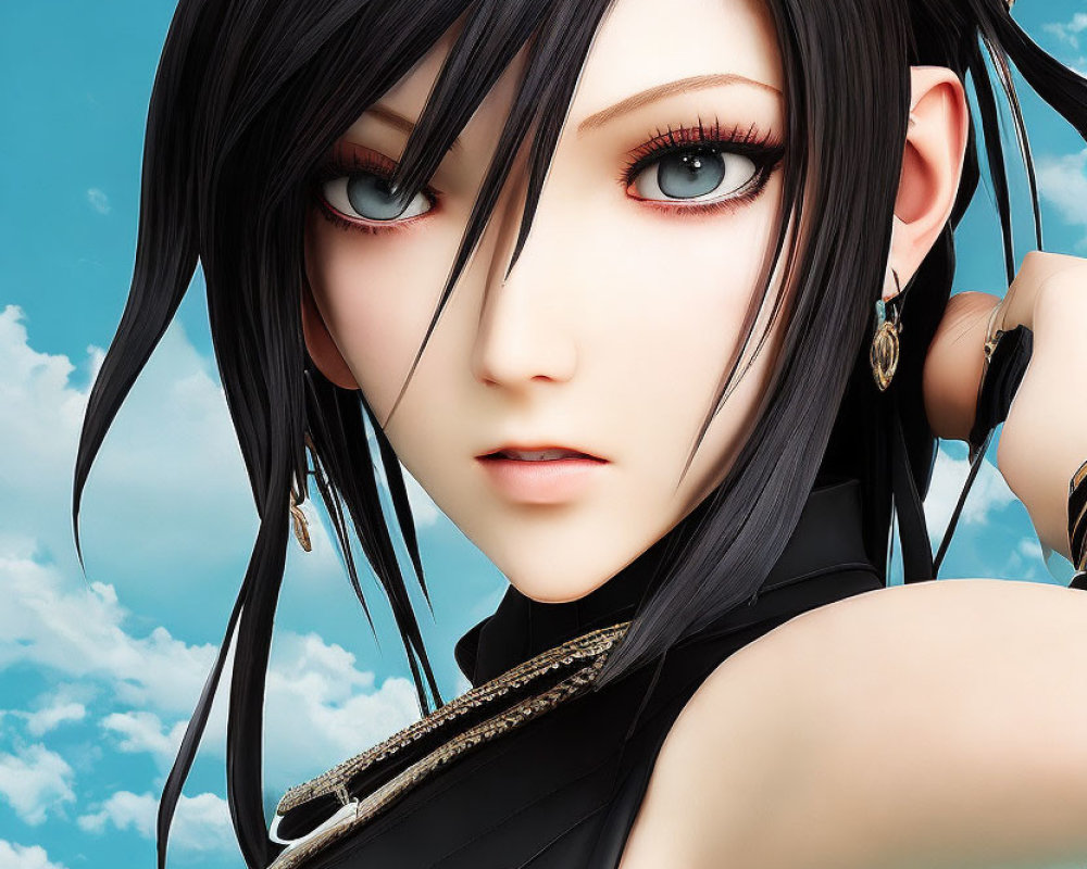 Detailed close-up of female anime character with expressive eyes, black hair, red flower, black outfit.