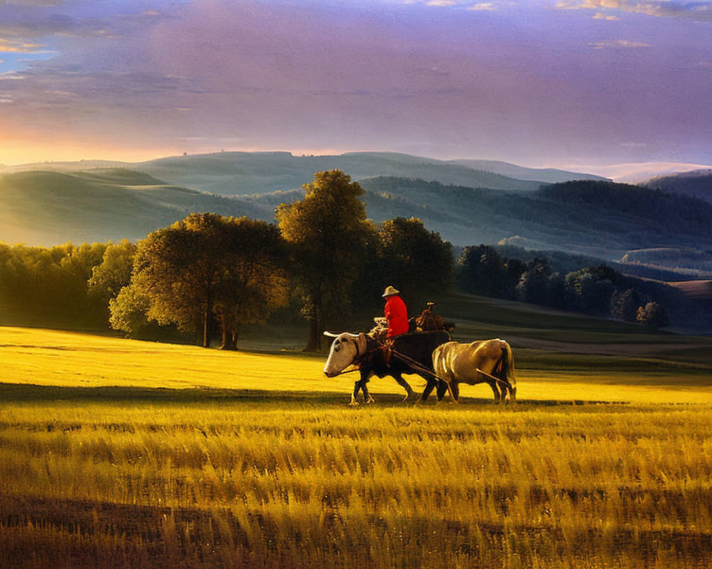 Golden field sunset: Two people on horseback in scenic landscape