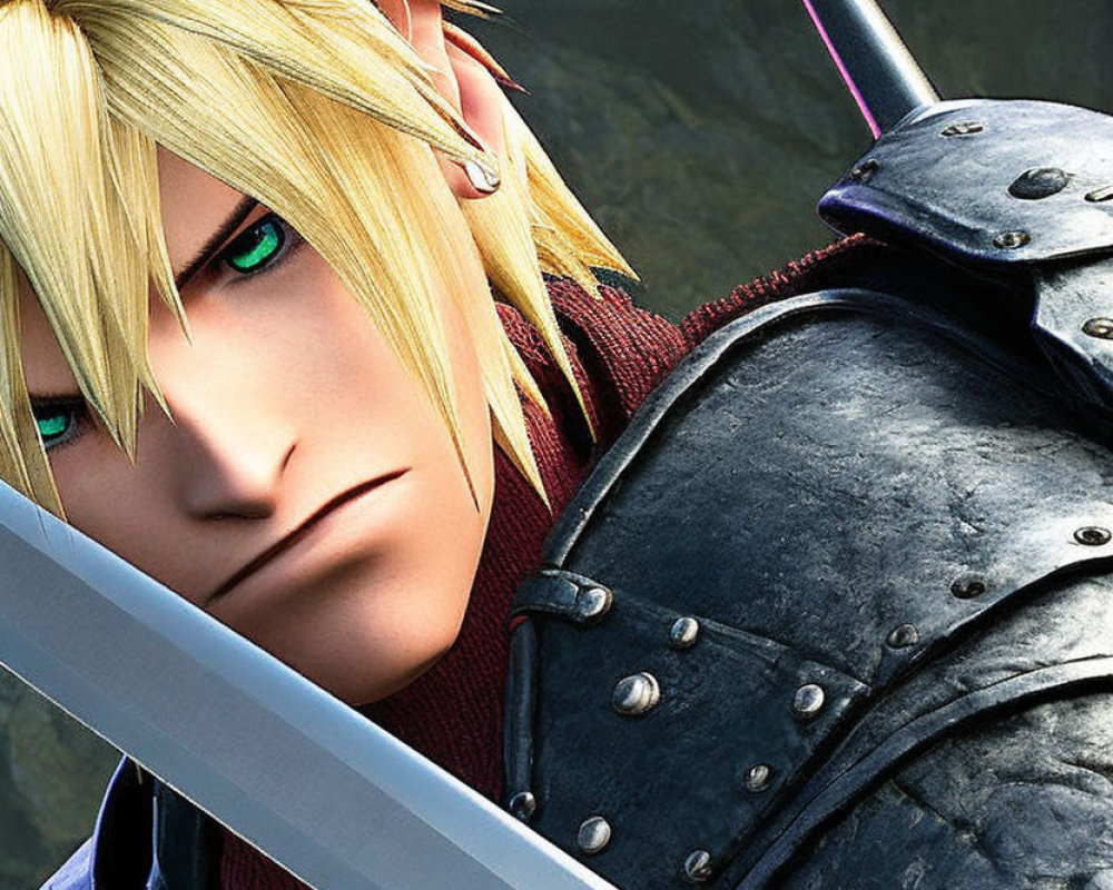 Male animated character with spiky blonde hair and large sword in close-up view