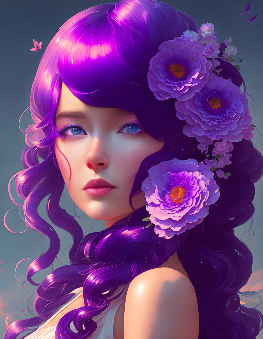 Vibrant purple hair woman with flowers, blue eyes, butterflies on soft blue background