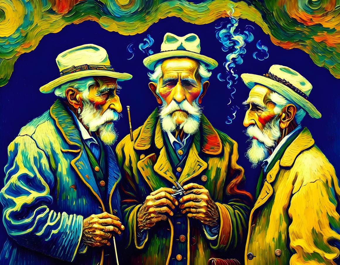 Elderly Men with Hats and Beards in Van Gogh-Inspired Art