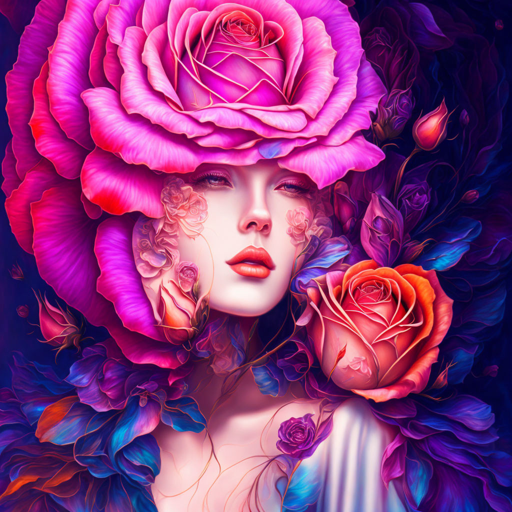 Surreal illustration of woman's face in vibrant rose garden
