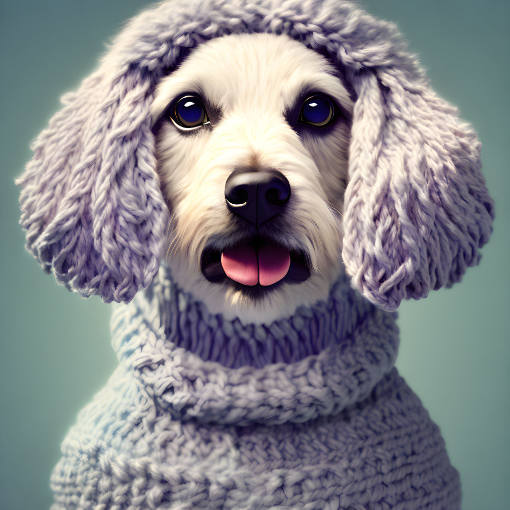 Fluffy White Dog in Purple Knitted Hat and Sweater Smiling at Camera